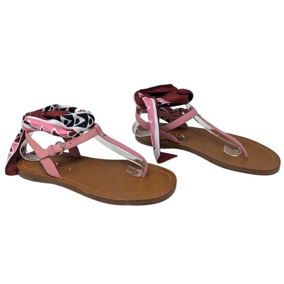 Prada Pink Leather Sandals with Printed Scarf Tie Size 38.5 Designer Flat Thong - Picture 3 of 9